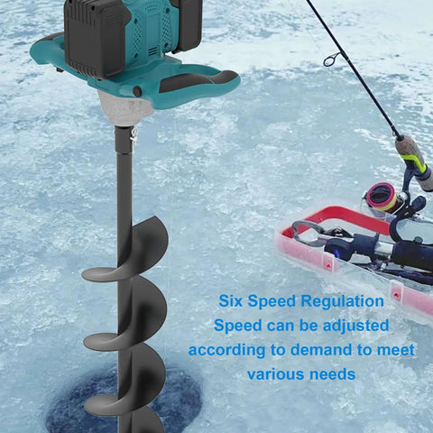 Cordless Electric Ice Auger With Six Speed 100-800 RPM And 1200Nm Torsion Power Head For Ice Fishing beside a fishing rod on ice