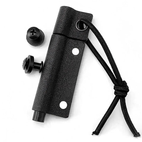 Close-up of magnesium fire starter in black Kydex sheath with locking screws, Magnesium Fire Starter For Survival And Camping