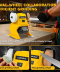 Hard Charging Cordless Mini Bench Grinder Polisher Rolling 5500 Rpm for efficient dual-wheel grinding on workbench.