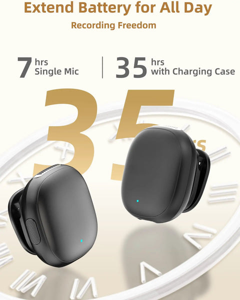 AI Noise Filter Wireless Lavalier Microphone With Charging Case For iPhone 17 And Android on clock background