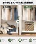 Before and after closet organization with Hella Roomy Earth Mosaic Print Closet Storage Bin Made From Heavy Duty Oxford Fabric.