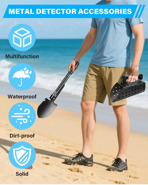 Person holding stainless steel metal detecting shovel kit with foldable beach sand scoop for treasure hunting on the beach.