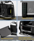 OM System OM 3 Hand Grip Camera Bracket With Arca Swiss Interface showing battery access and ergonomic design features.
