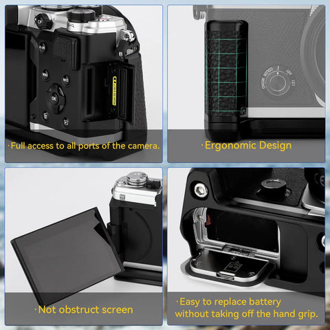 OM System OM 3 Hand Grip Camera Bracket With Arca Swiss Interface showing battery access and ergonomic design features.