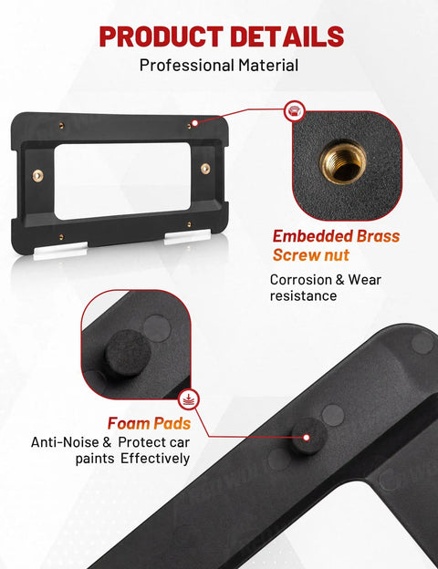 Rear License Plate Frame Bracket Mount For BMW 1 Series 2 3 5 6 X And Mini Cooper 2002 To 2024 Fits 51187160607 511882380615 51188238061, showing embedded brass screw nut and foam pads features.