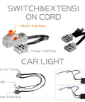 54 Piece Power Function Motor Set With Infrared Remote Control And Battery Pack parts including motor interface and car light.
