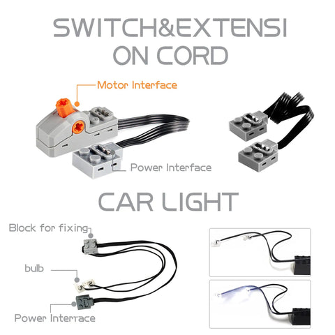 54 Piece Power Function Motor Set With Infrared Remote Control And Battery Pack parts including motor interface and car light.