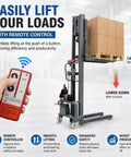 Heavy Duty 661 Lb Electric Pallet Stacker With Adjustable Forks Remote Control Material Lift Mini Forklift with remote control and load.