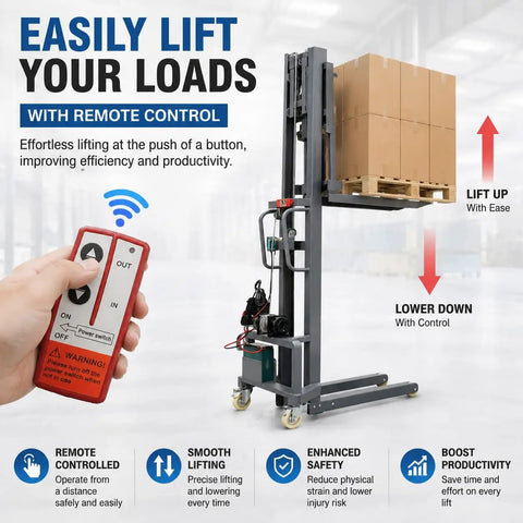 Heavy Duty 661 Lb Electric Pallet Stacker With Adjustable Forks Remote Control Material Lift Mini Forklift with remote control and load.