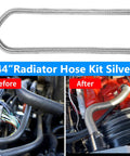 iRKY 44-inch stainless steel flexible heater hoses, two hoses with chrome caps, shown installed in engine bay