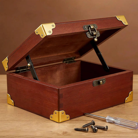 Open wooden box with Sturdy 6 Pack Miniature Lid Hinges For Decorative Wood Boxes Rustproof Quiet Operation Erosion Resistant Metal.