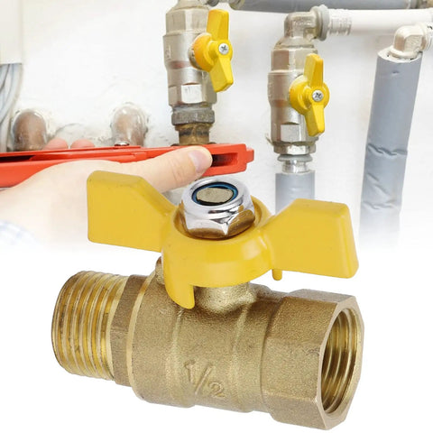 Heavy Duty Brass G1/2 Male Thread Ball Valve To Gas Shut Off control with yellow handle and a wrench, showcasing usage in plumbing.