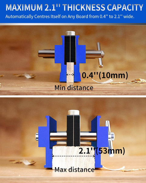 Heavy Duty 2.1 Inch Self Centering Dowel Jig Kit with Universal Capacity and Drill Guide for woodworking close-up view.