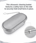 Upgraded 3 Pack Stainless Steel Ultrasonic Cleaner Baskets For Jewelry And Parts, showing a mesh strainer with safety lock.
