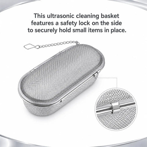 Upgraded 3 Pack Stainless Steel Ultrasonic Cleaner Baskets For Jewelry And Parts, showing a mesh strainer with safety lock.