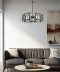 Rustic 24 Inch 5 Light Farmhouse Chandelier With Adjustable Hanging Height in living room, gray oak wood look, geometric frame.