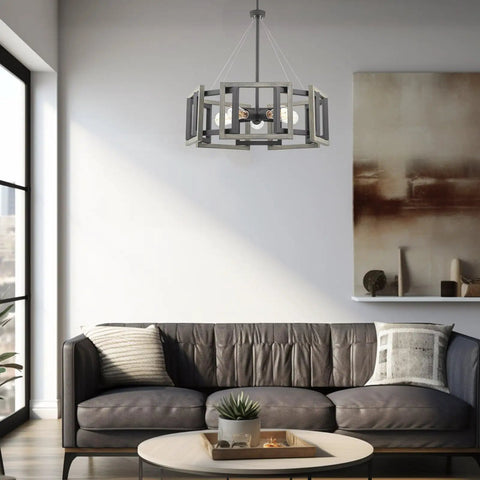 Rustic 24 Inch 5 Light Farmhouse Chandelier With Adjustable Hanging Height in living room, gray oak wood look, geometric frame.