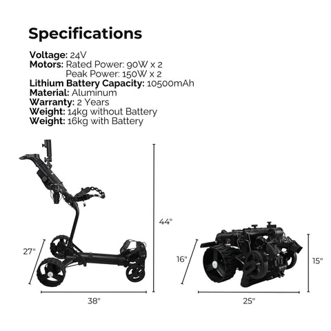 Specifications of Badass Electric Golf Cart With Smart Follow Tech And Bluetooth Remote Control including dimensions and weight.
