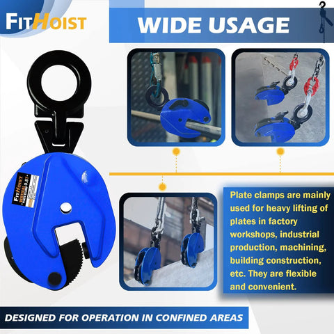 Blue FITHOIST vertical plate clamp with circular jaw, 0.8 ton capacity, front view.
