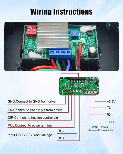 Wiring instructions for All In One Stepper Motor Driver Controller For NEMA 17 And 23 Motors with input and output connections shown.