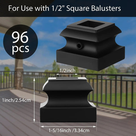 96 Pack Iron Baluster Shoes With Screws For Half Inch Square Balusters Satin Black No-Fuss Install visible on deck