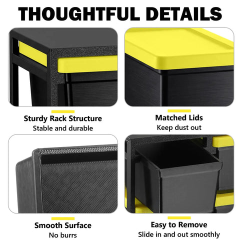 Thoughtful details of 6 Piece Stackable Mini Storage Bins With Bright Yellow Lids And Sturdy Black Rack Compact Plastic Containers.
