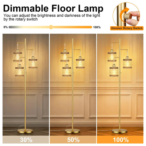 Industrial Style Tree Floor Lamp With Stepless Dimmable Brightness 68 Inch Tall Standing Light For Living Room Bedroom Office E26 Socket 3 LED Bulbs Included Black Finish, shown in three dimming levels with rotary switch illustration