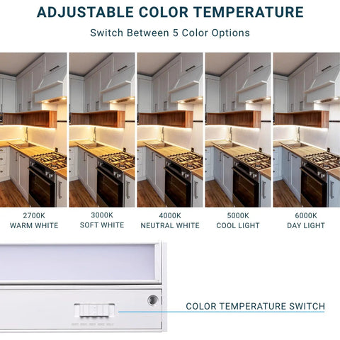 Under Cabinet LED Light With Swivel Mount, Plug In Or Hardwired, 16 Inch, 10W, Five Color Temperatures, kitchen demo, switch