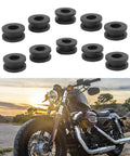 Complete Rubber Grommet Kit For Motorcycle Fairings, 10 Flexible Grommets That Fit Upper Middle Lower And Tail Cowls, Premium Rubber For A Snug Vibration Free Install On Sport Bikes And Many Models. Black rubber grommets and motorcycle use shown.