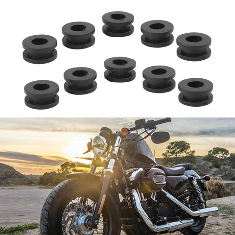 Complete Rubber Grommet Kit For Motorcycle Fairings, 10 Flexible Grommets That Fit Upper Middle Lower And Tail Cowls, Premium Rubber For A Snug Vibration Free Install On Sport Bikes And Many Models. Black rubber grommets and motorcycle use shown.