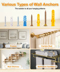 Various types of plastic drywall anchors and screws in colors, featuring uses for mounting pictures, curtain rods, and shelves.