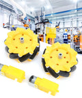 Two yellow mecanum robot wheels with black tires and gray hubs, plus two small yellow DC motors.