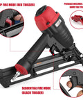 Pro Grade 15 Gauge Angled Finish Nailer with bump fire and sequential fire modes and tool-free depth adjustment