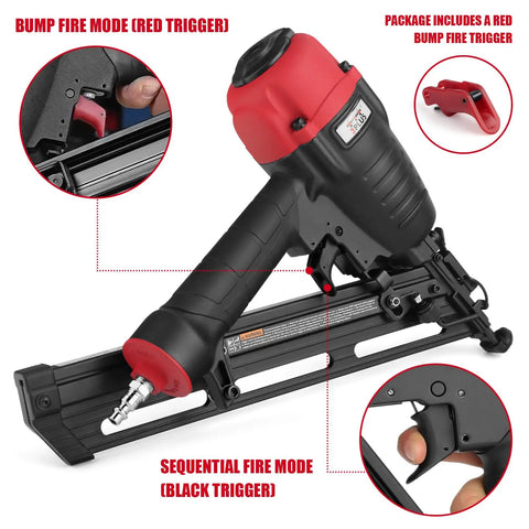Pro Grade 15 Gauge Angled Finish Nailer with bump fire and sequential fire modes and tool-free depth adjustment