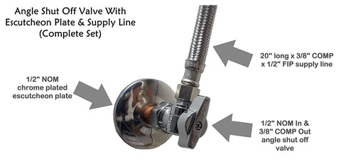 Two Pack Angle Shut Off Valve Set With One Half Inch Inlet And Three Eighths Inch Compression Outlet Includes Escutcheon Plate And Twenty Inch Stainless Steel Braided Lavatory Water Supply Lines Heavy Duty One Quarter Turn Ball Valves For Easy On Off showing chrome escutcheon plate and braided line