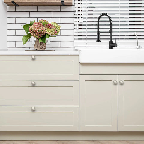 Modern kitchen with cabinets featuring 60 Pack Kitchen Cabinet Knobs Satin Nickel And Brushed Nickel Drawer Pulls And Door Knobs.