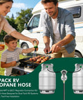 Family cooking with Dual Tank RV Propane Hose 15 Inch Four Layer QCC1 Type 1 To One Quarter Inch Male NPT Camper Gas Line CSA Certified 350 PSI Pack Of Two Easy Hookups in RV setup.
