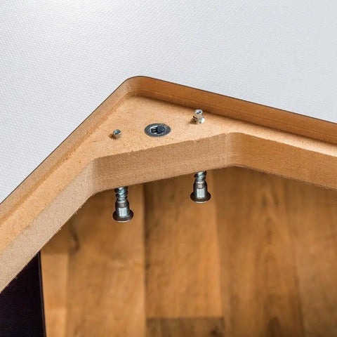 Underside mounting detail of High Pressure Laminate Router Table Top With 10 Point Plate Leveling For Precision Cuts Smooth Low Friction Routing Surface MDF Core