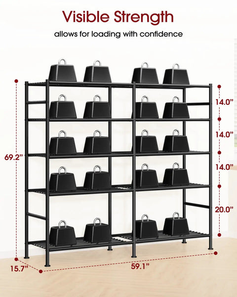 Massive 5 Tier Heavy Duty Garage Storage Shelves With a 59.1 by 15.7 by 69.2 Inch Frame Ultra Sturdy Steel Rack for Tools Equipment and Bulk Gear Easy Assembly Black Finish Big Capacity and Flexible Tier Spacing