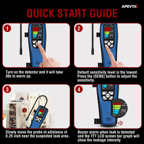 Quick start guide showing 3 In 1 Refrigerant Leak Detector With Heated Diode Sensor for HVAC setup and operation steps.