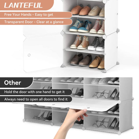10 Tier Shoe Storage Cabinet With Door, White Plastic Shoe Shelving holding 12 pairs, transparent doors open, entryway organizer