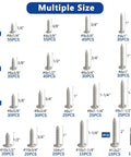 Chart displaying multiple sizes of stainless steel wood screws from kit, ranging from size four to size twelve, pan head type.