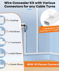 Diagram of 126 Inch Cord Hider Kit For TV Wall Mounts And Home Offices showing 8-piece set with connectors and cable channels.