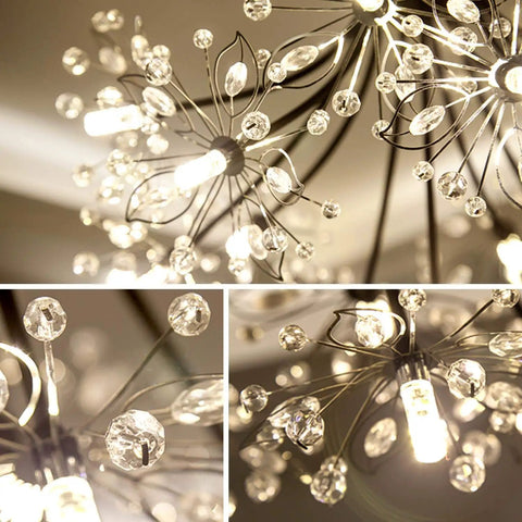 Close-up of Modern Firework Crystal Dandelion Chandelier Pendant Lighting detail, showing crystals and 19 light fixtures.