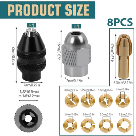 Pro Grade Drill Chuck Collet Set for Dremel Rotary Tools, Quick Change Keyless Chuck Adapter Kit, showing sizes and brass collets