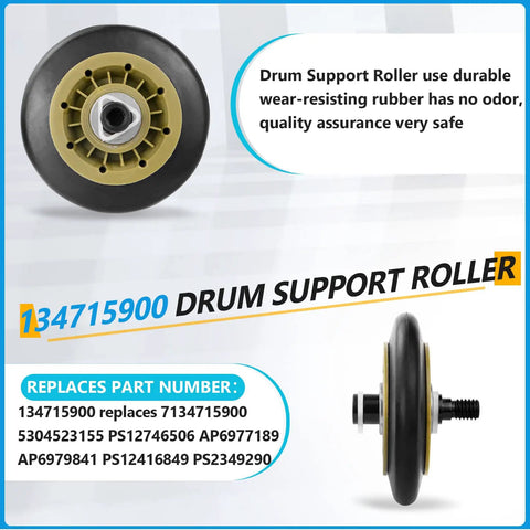 Electrolux Dryer Repair Kit With 137315300 Belt, 134715900 Drum Support Rollers, side and front view of roller detail