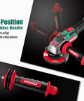 Cordless 18V Angle Grinder with 3-position handle, 8500 RPM, for cutting metal, tile, rust; shown with ergonomic design