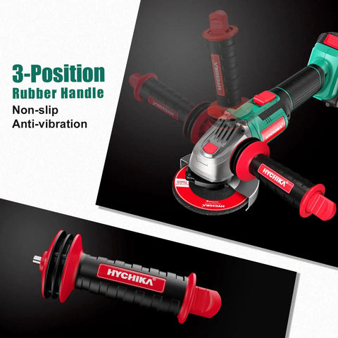 Cordless 18V Angle Grinder with 3-position handle, 8500 RPM, for cutting metal, tile, rust; shown with ergonomic design
