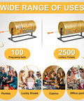 Metal raffle drum spinner with wooden handle on a black base; 2500-ticket capacity, front view