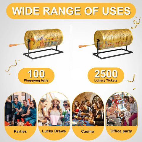 Metal raffle drum spinner with wooden handle on a black base; 2500-ticket capacity, front view